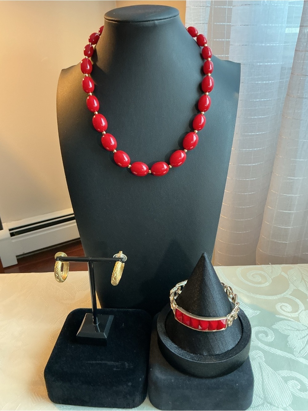 Monet Vintage Cherry Red Acrylic Gold Tone Necklace, Bracelet and Earrings Set